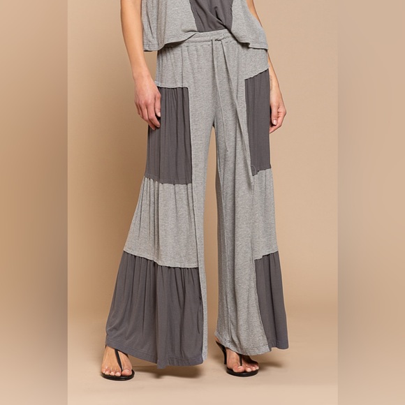 POL Pants - POL Gray Ribbed Knit Contrast Flowy Pants Relaxed Fit Multiple Colors Available